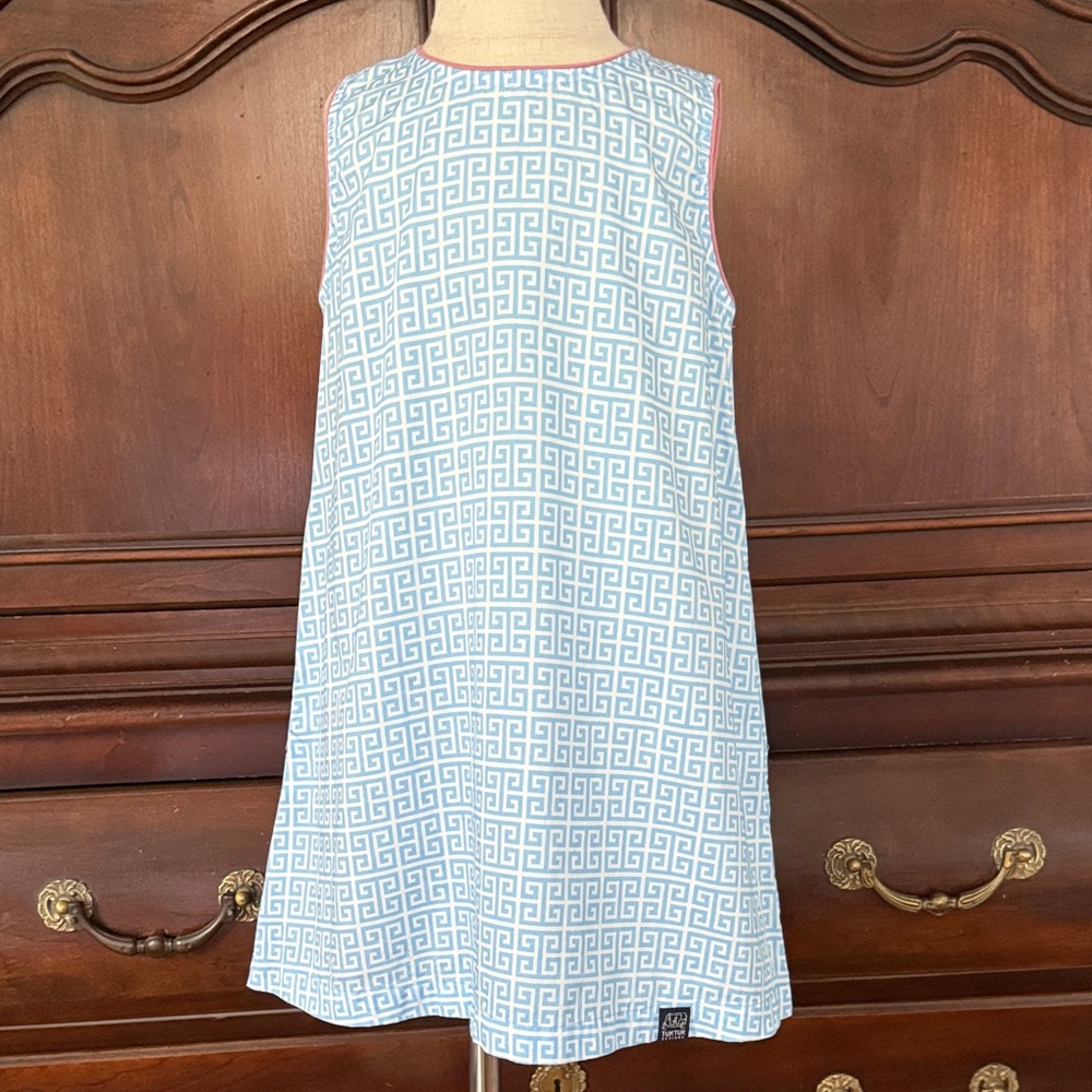 TukTuk Design Blue Greek Key Shift Dress Girls 5-6 Coastal Preppy Dress
